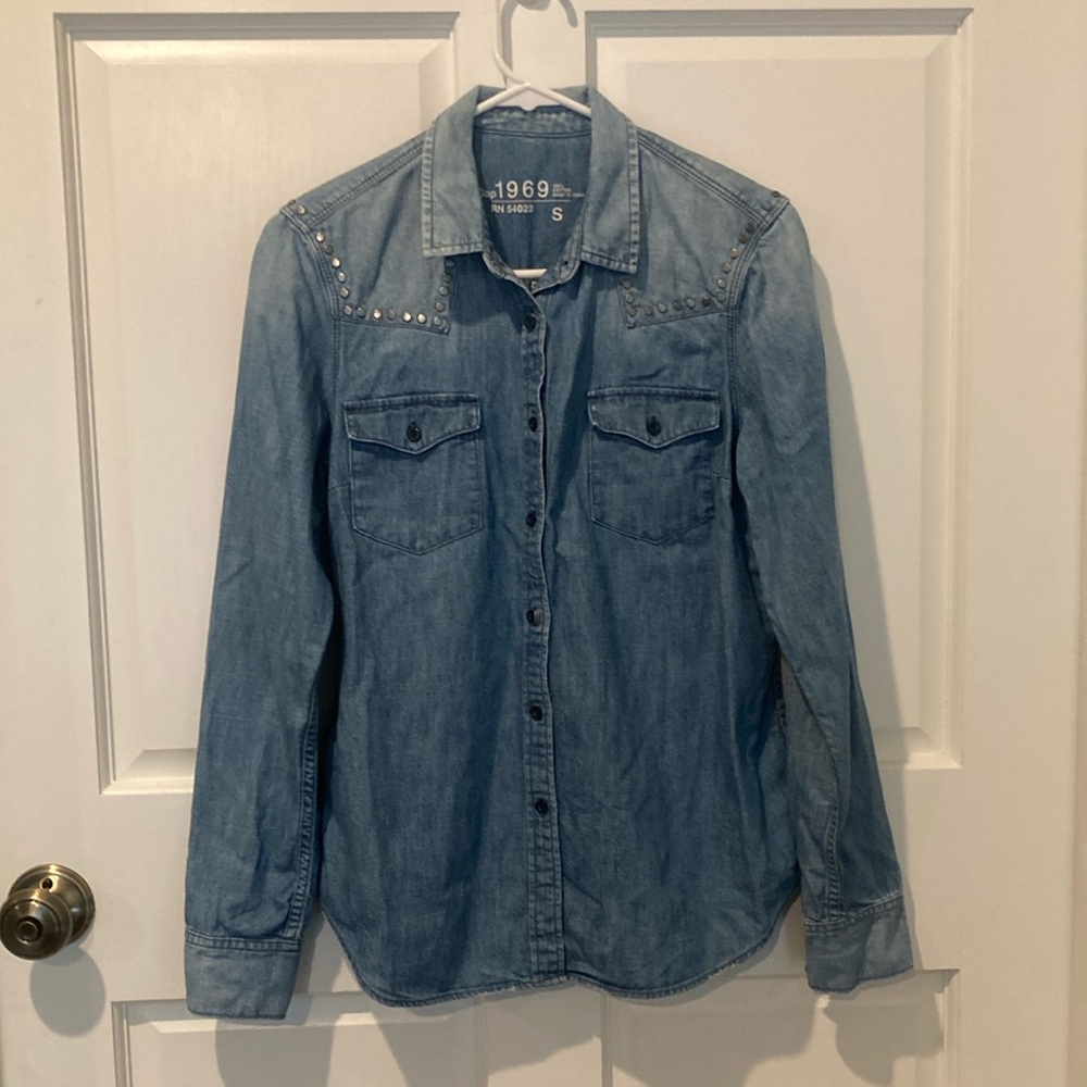 GAP Denim Button-Up Shirt with Studded Shoulders